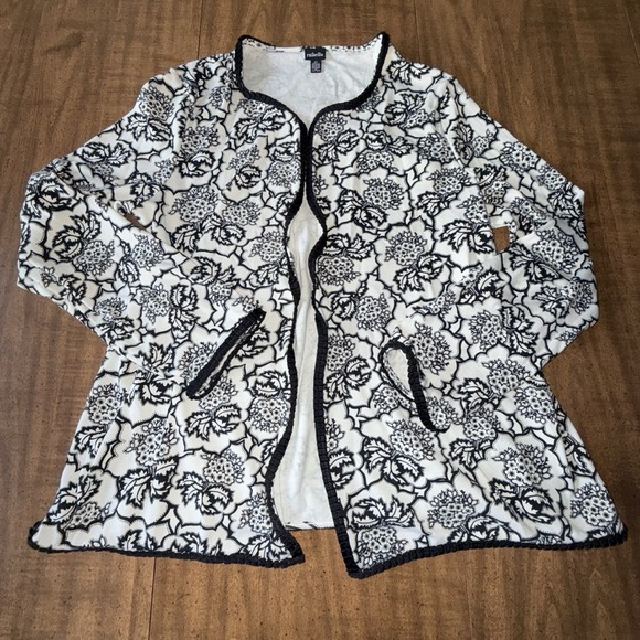 Rafaella Floral Cardigan Sweater Women's Cream Black Long Sleeve Large - Picture 1 of 6